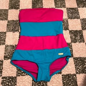 DKNY pink and turquoise Colorblock bathing suit